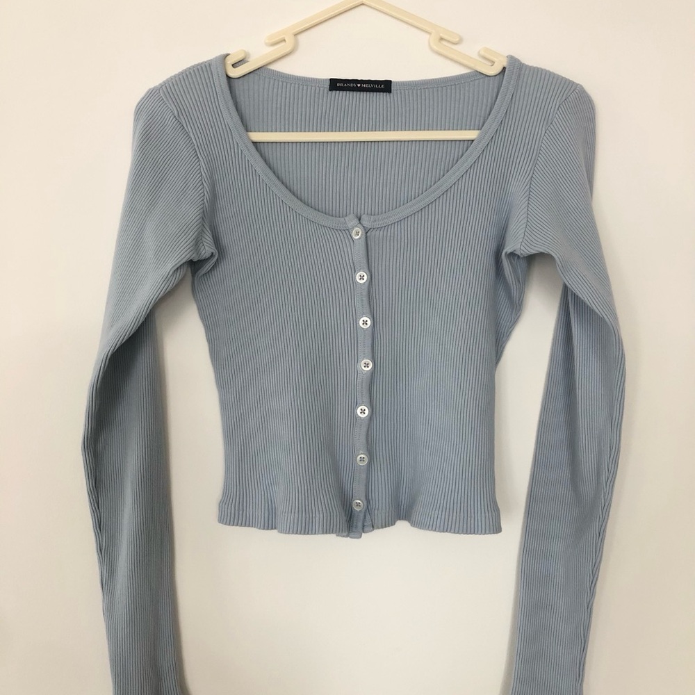 Women's Brandy Melville Blue Ribbed Long Sleeve Cropped Zelly Top